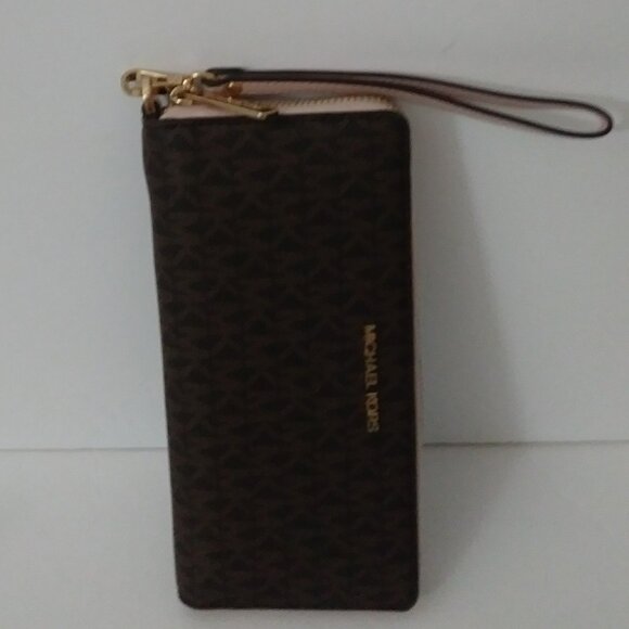 Michal Kors Jet Set Travel Large Logo Brown Continental Wristlet - Picture 7 of 13